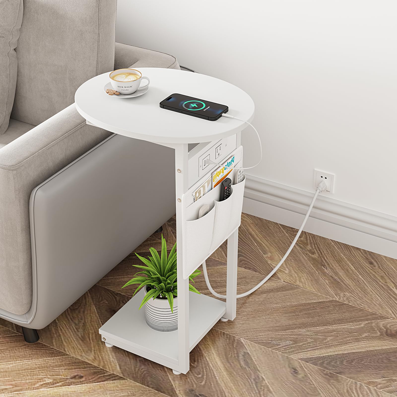 Vagusicc C Shaped End Table with Charging Station, Small Side Table for Couch, TV Tray Slide Under Sofa Table for Living Room and Bedroom, C Table