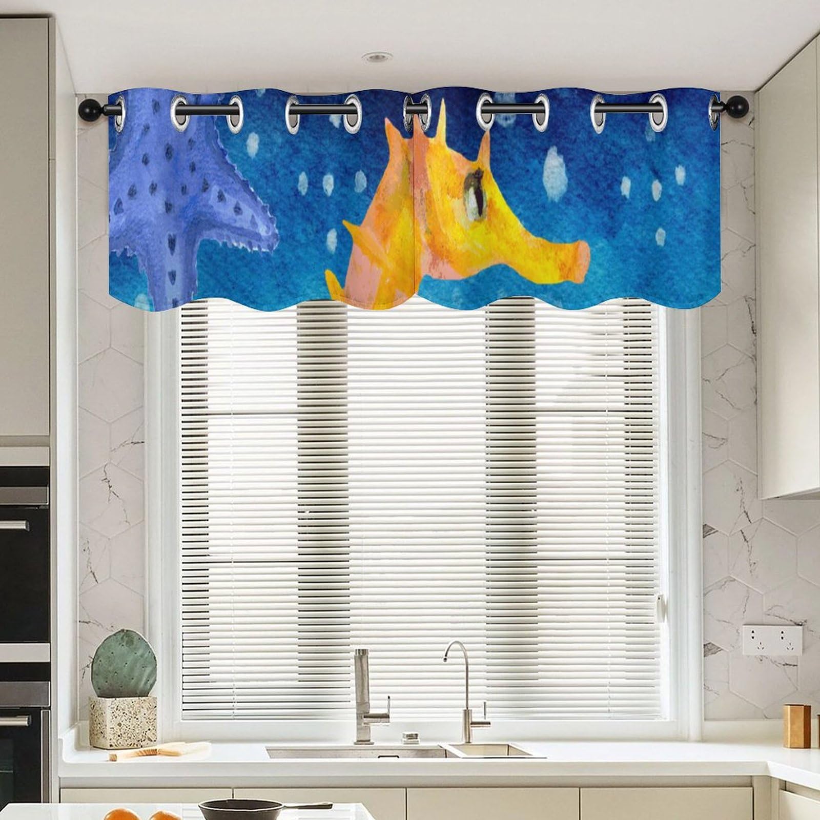 Cantonnière de cuisine hippocampe décor océan pour fenêtre de café et salle de bain