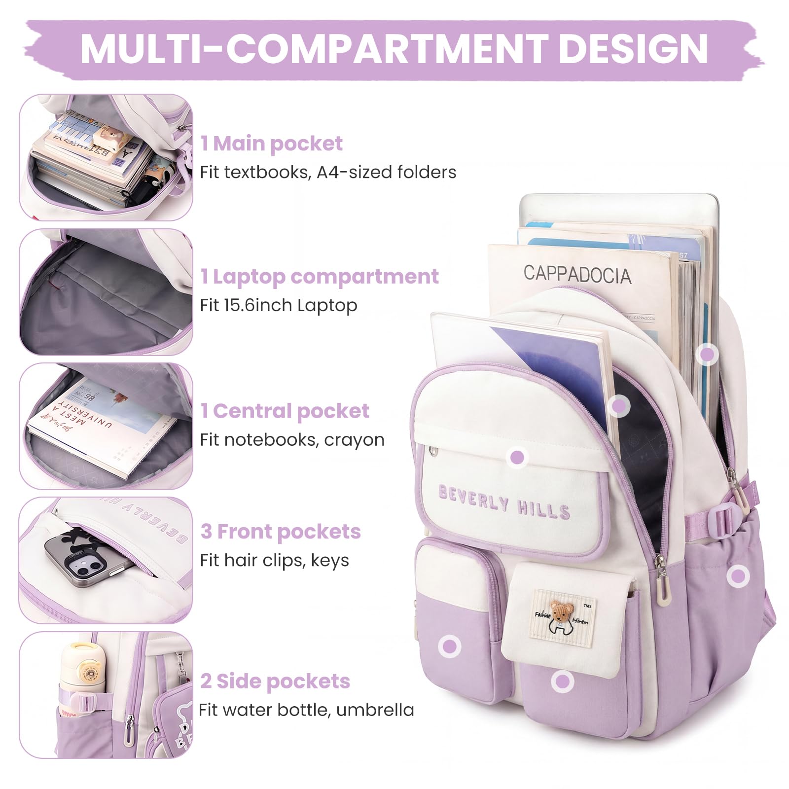 IvyH Zaino scolastico con trolley per ragazze, zaino con ruote per adolescenti, set 2 in 1 con zaino rimovibile e trolley con 6 ruote, per scuola elementare e media, Lilla, Mittelgroße, Classico