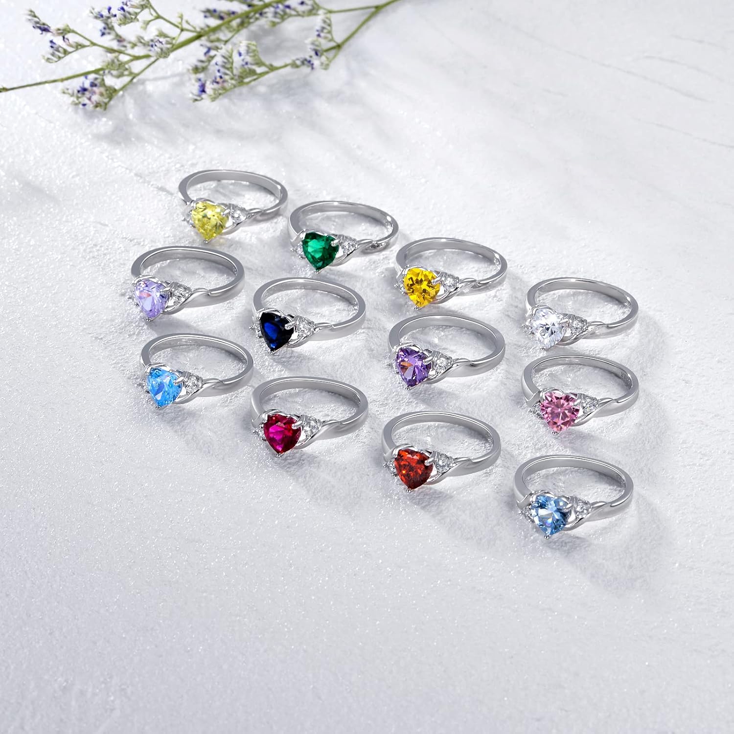 Heart Crystal Rings 925 Sterling Silver Minimalist Solitaire 12 Month Birthstone Rings Personalized Engraved Name Ring Birthday Promise Jewelry Gift for Women (with Gift Box)