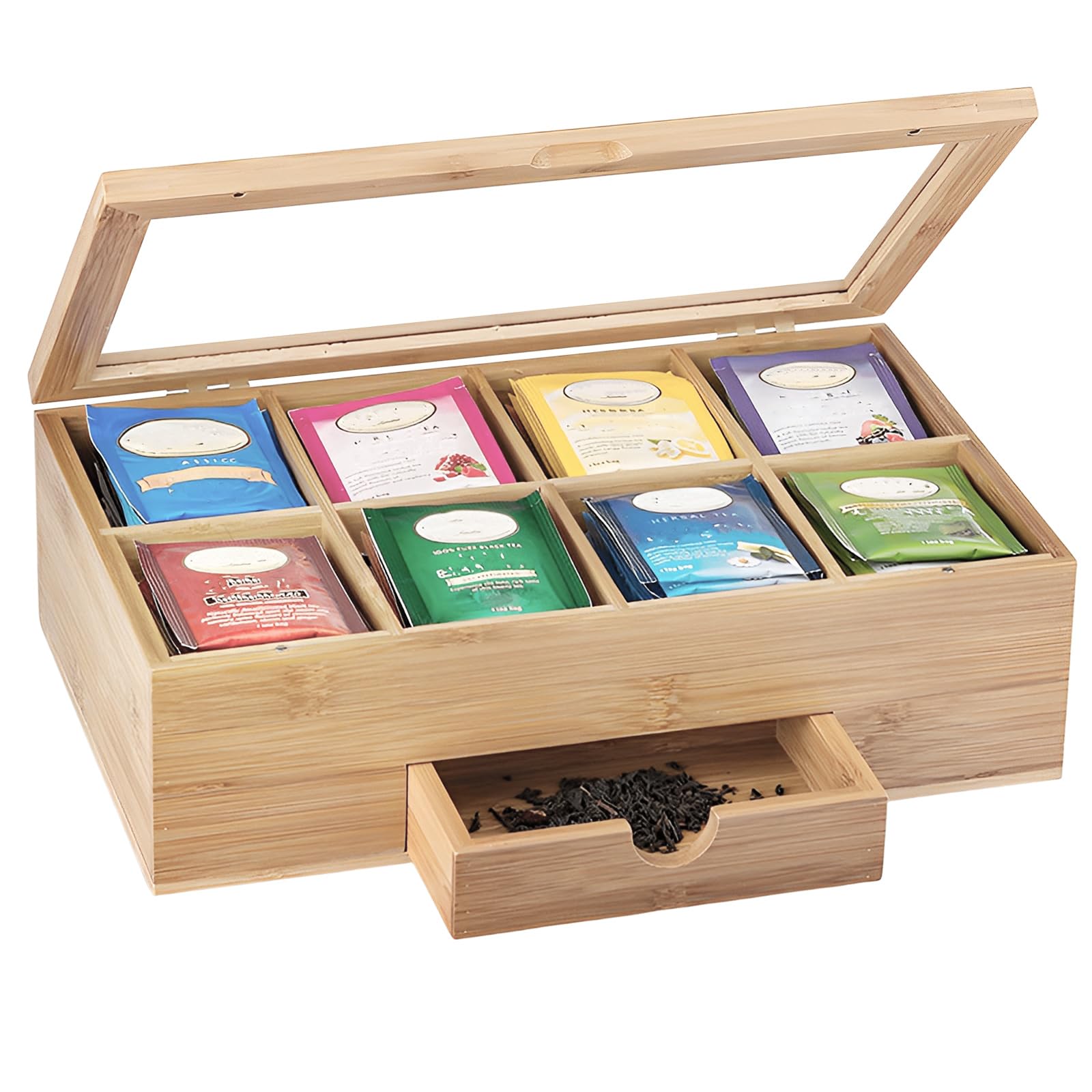 RHAIQBVC Bamboo Tea Bag Organizer, Tea Box with Clear Acrylic Top, Wood Storage Box with 8 Compartments and Retractable Drawer for Countertop