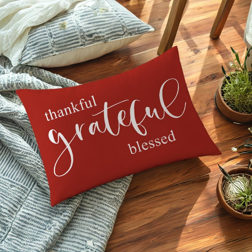 Farmhouse Inspirational Quote Throw Pillow Covers 12x20 Simply Blessed & Thankful Grateful Blessed Lumbar Cushion Case Thanksgiving Gratitude Decor Pillow Cases Set of 2, for Sofa Patio (Red) image 4