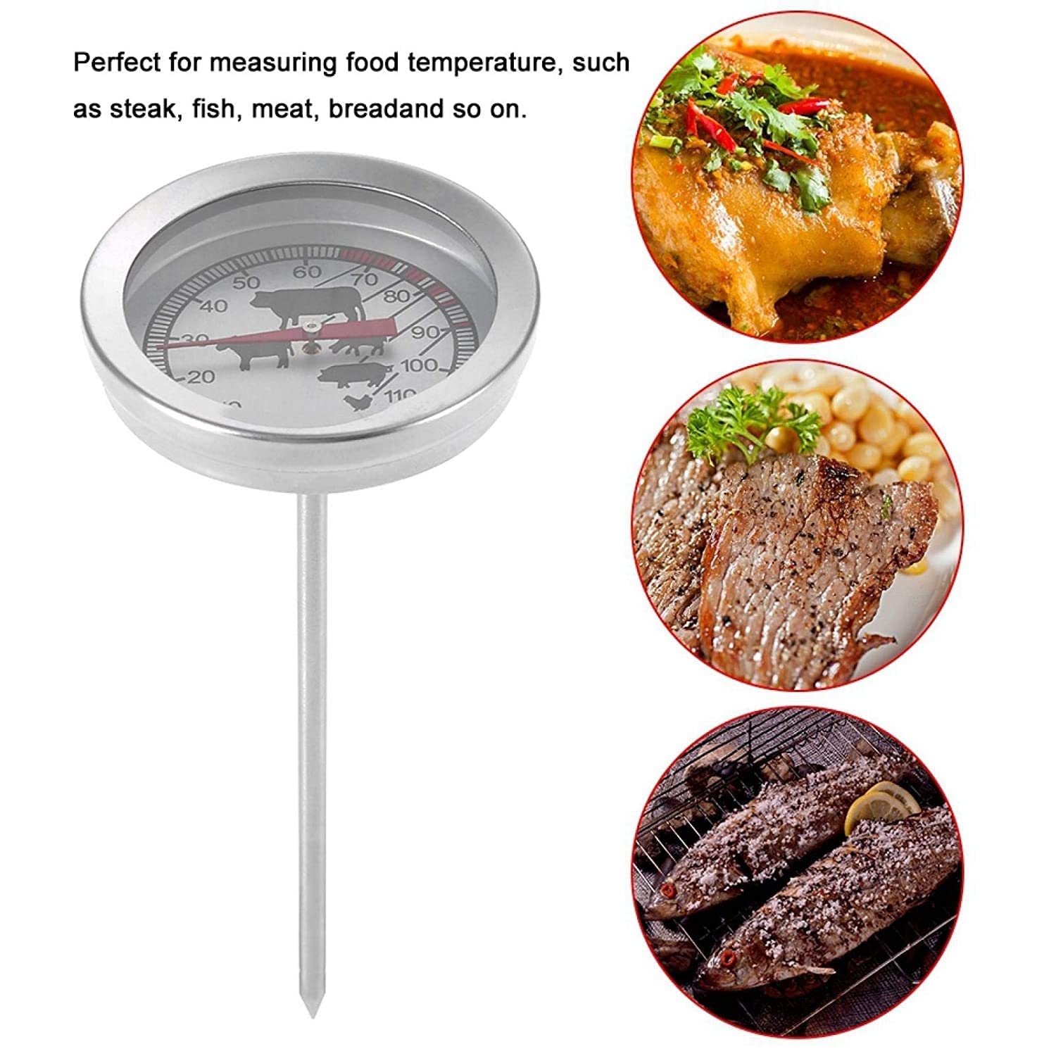 Termómetro de Cocina de Acero Inoxidable, Parrilla de Comida para Carne, termómetro de Cocina para Barbacoa, para bistec, Pescado, Carne a la Barbacoa, Leche.