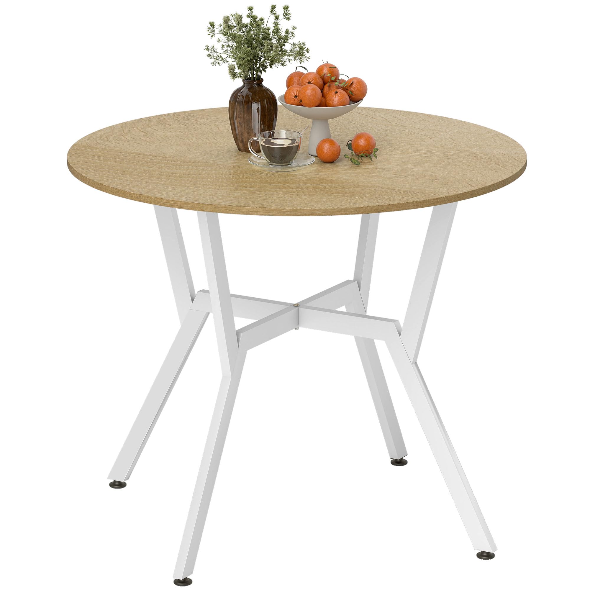 HOMCOM Mesa de Comedor Redonda para 2-4 Personas, Mesa de Cocina Industrial, Patas Curvadas de Acero, para Salón, 90x90x76 cm, Natural y Blanco