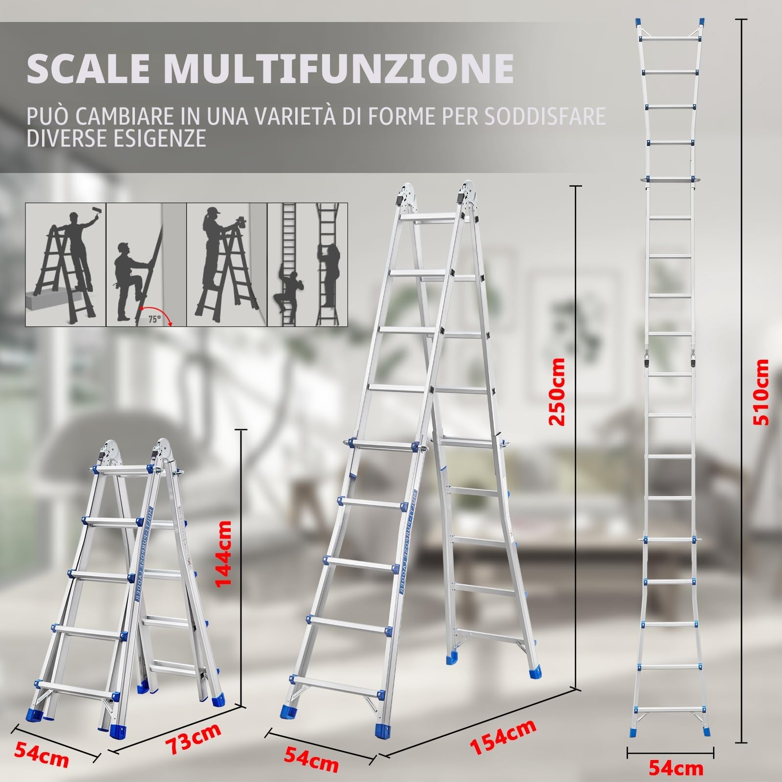 STANEW Scala Singola in Alluminio Multiuso 5,1m 4x5 pioli, Scala Multifunzione Telescopica Professionale, Pieghevole, Cavalletto di Prolunga, a Gradini e Bifacciale, Portata Max 150 Kg