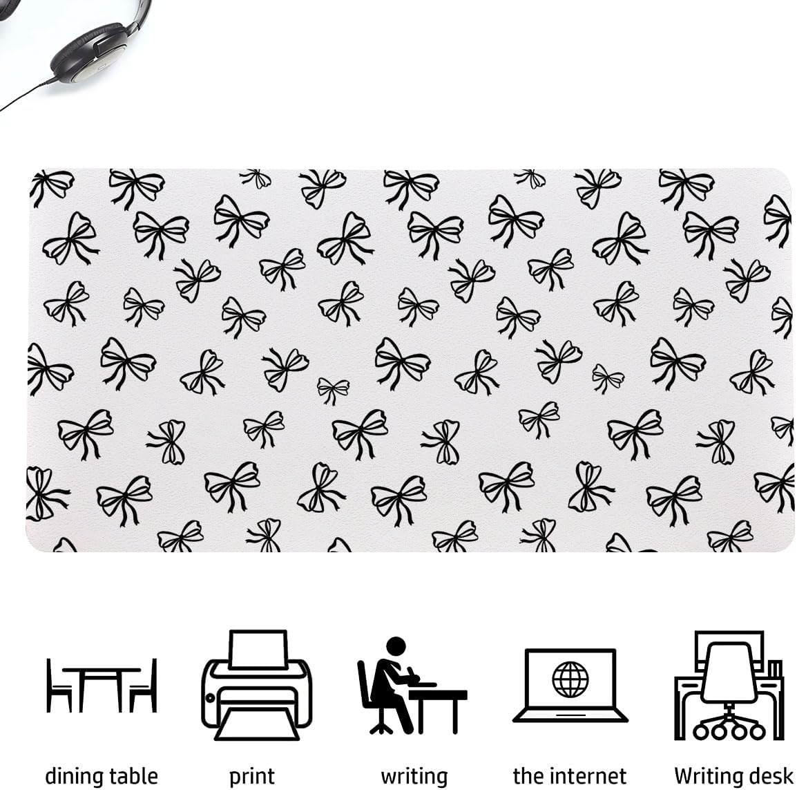 Cute Black Bow White Extended Gaming Keyboard Mouse Pad, Non-Slip Leather Home Office Desk Mat Protector, Laptop Desk Pad Writing Pad