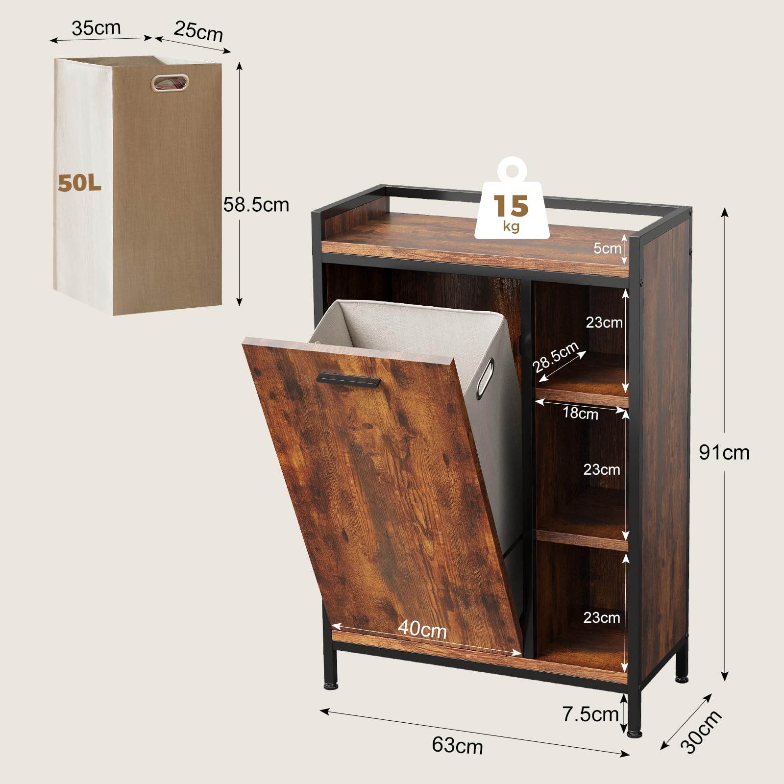 ELUCHANG Mobiletto bagno con portabiancheria(50L)-2 in 1 Mobile bagno salvaspazio per Bagnos,Sacchi Interni Rimovibili Lavabile, Soggiorno, lavanderia,camera da letto,63x30x91cm,Vintage+Nero