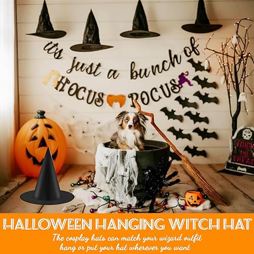 Miniatura 4 de Szsrcywd 12 sombreros de bruja de Halloween, sombreros de mago negro para cosplay con cuerda Haning de 115 pies para decoración de patio de
