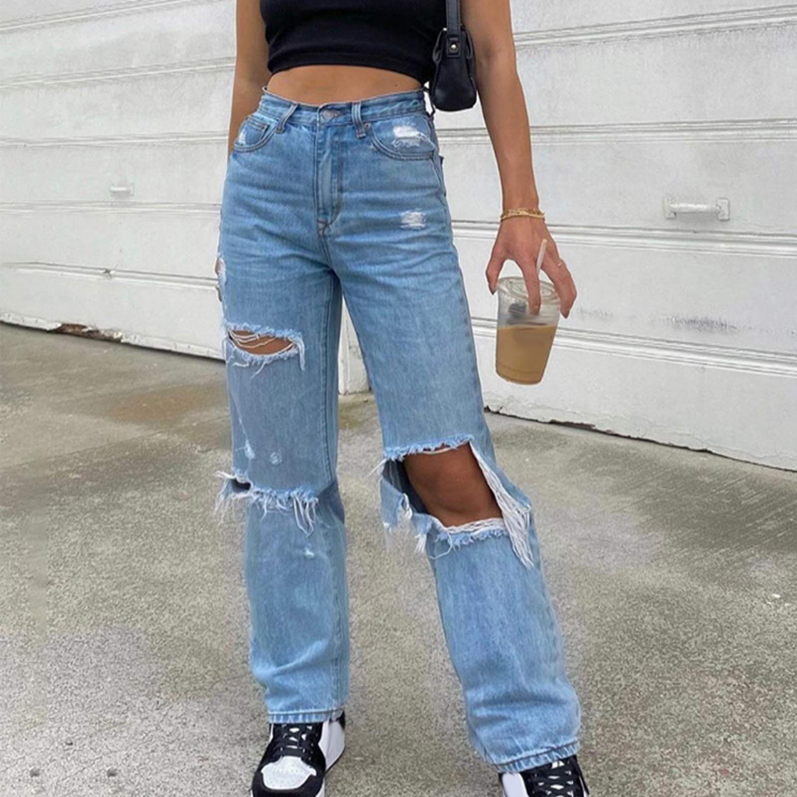 Jeans da donna a vita alta – jeans per adolescenti ragazze boyfriend jeans da donna strappati Y2k Jeans Baggy Denim Jeans Bootcut pantaloni da donna stretch jeans vintage 90 Hip Hop Streetwear, Blu