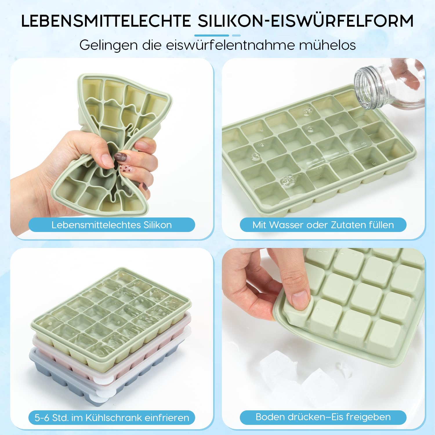 Lot de 3 bacs à glaçons carrés en silicone avec couvercle 24 compartiments Sans BPA
