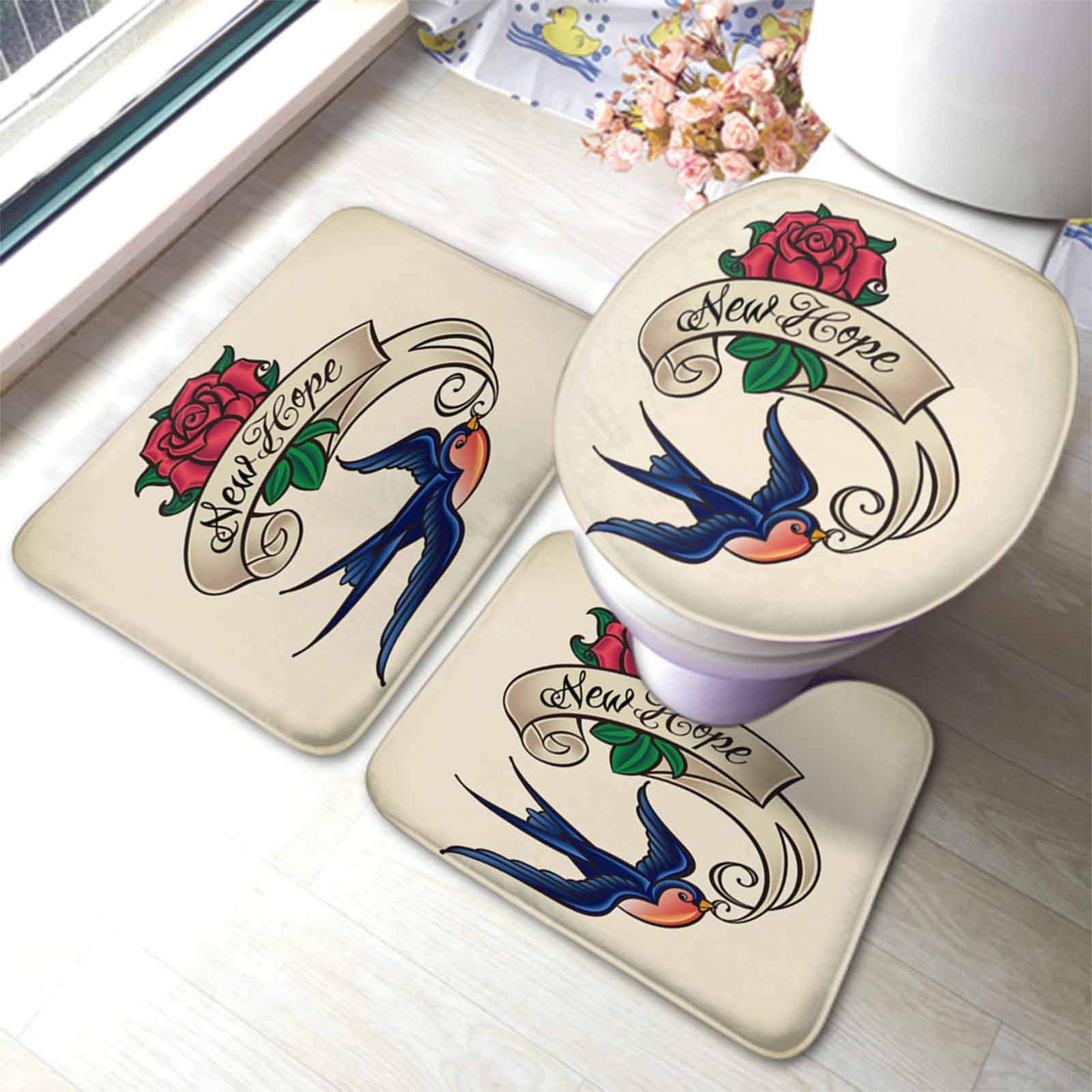 Bathroom Mat Sets 3 Piece Tattoo Old-School Style Tattoo With A Swallow Banner And Flower U Shape Wc Toilet Rug Decorations Absorbent U-Shaped Contour Mat Bath Mat, For Bathroom, Toilet, Indoor