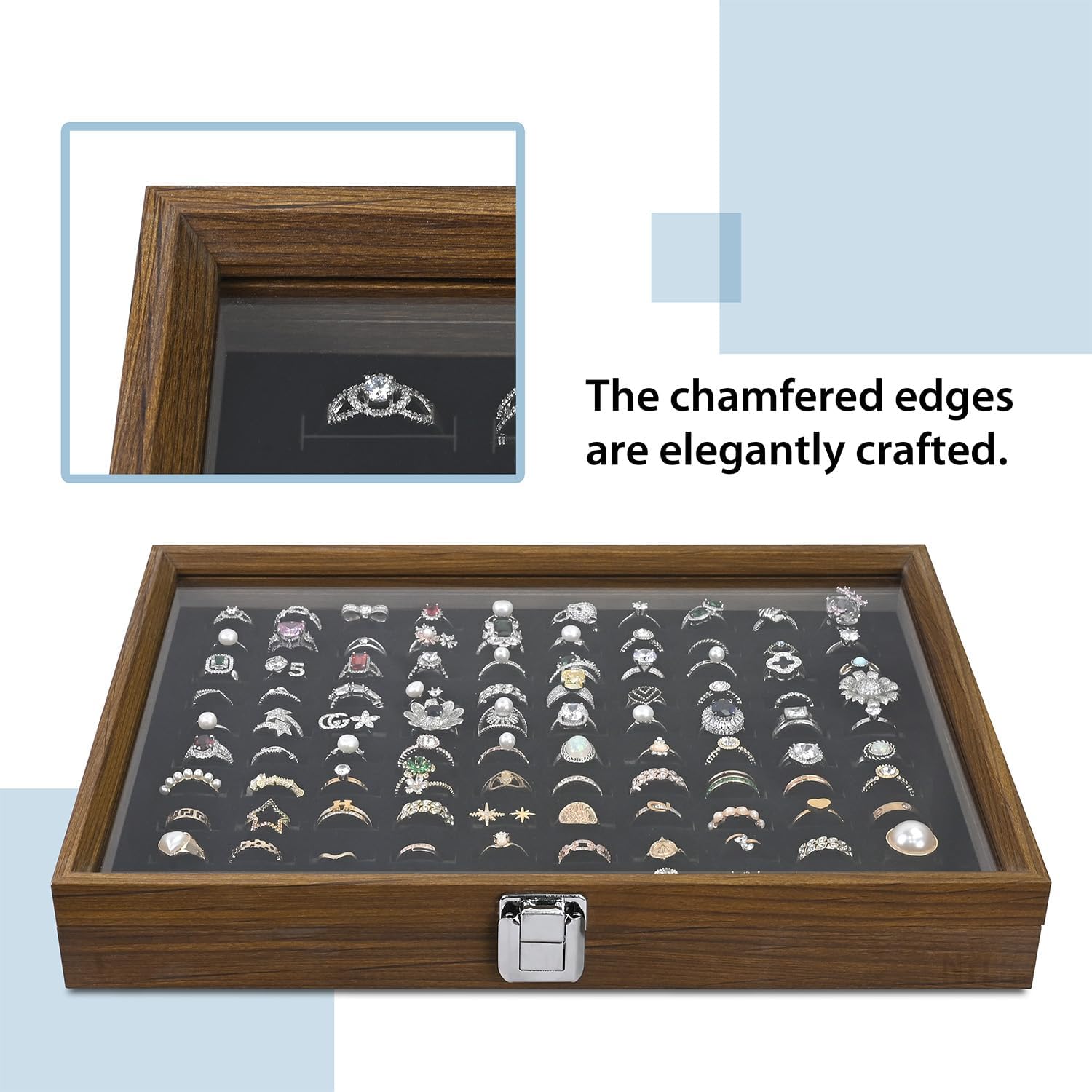 MOOCA Ring Box Jewelry Display Tray, Display Case Accessories Storage Box with Tempered Glass Hinge Lid, Black Lined Jewelry Tray for Rings, Walnut/Black Color, 14.1W x 10.2D x 2.1H in
