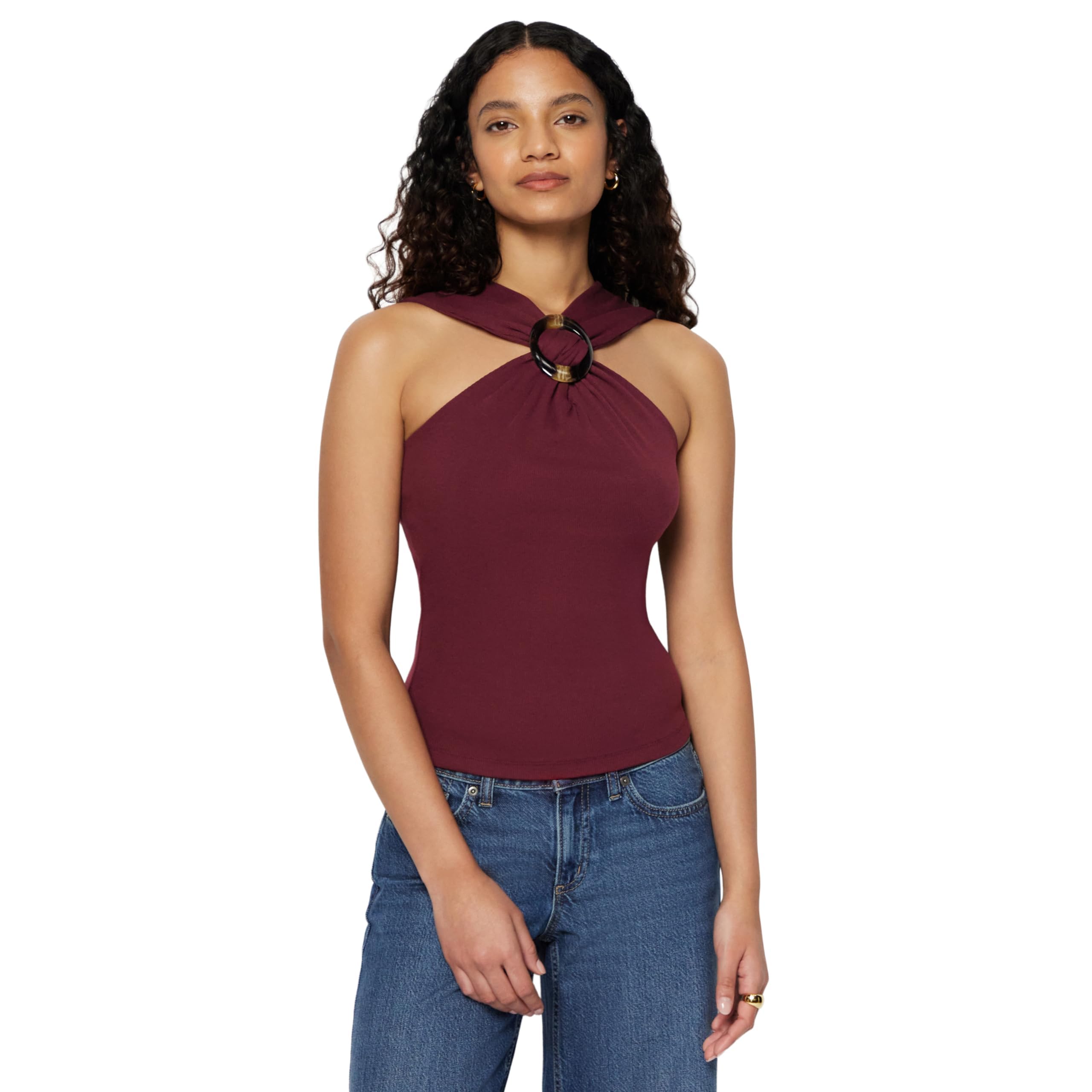 Amazon Essentials Women's Slim-Fit Ribbed Halter Neck Top with Resin Detail, Model AEWM63886M26, Dark Burgundy, XL