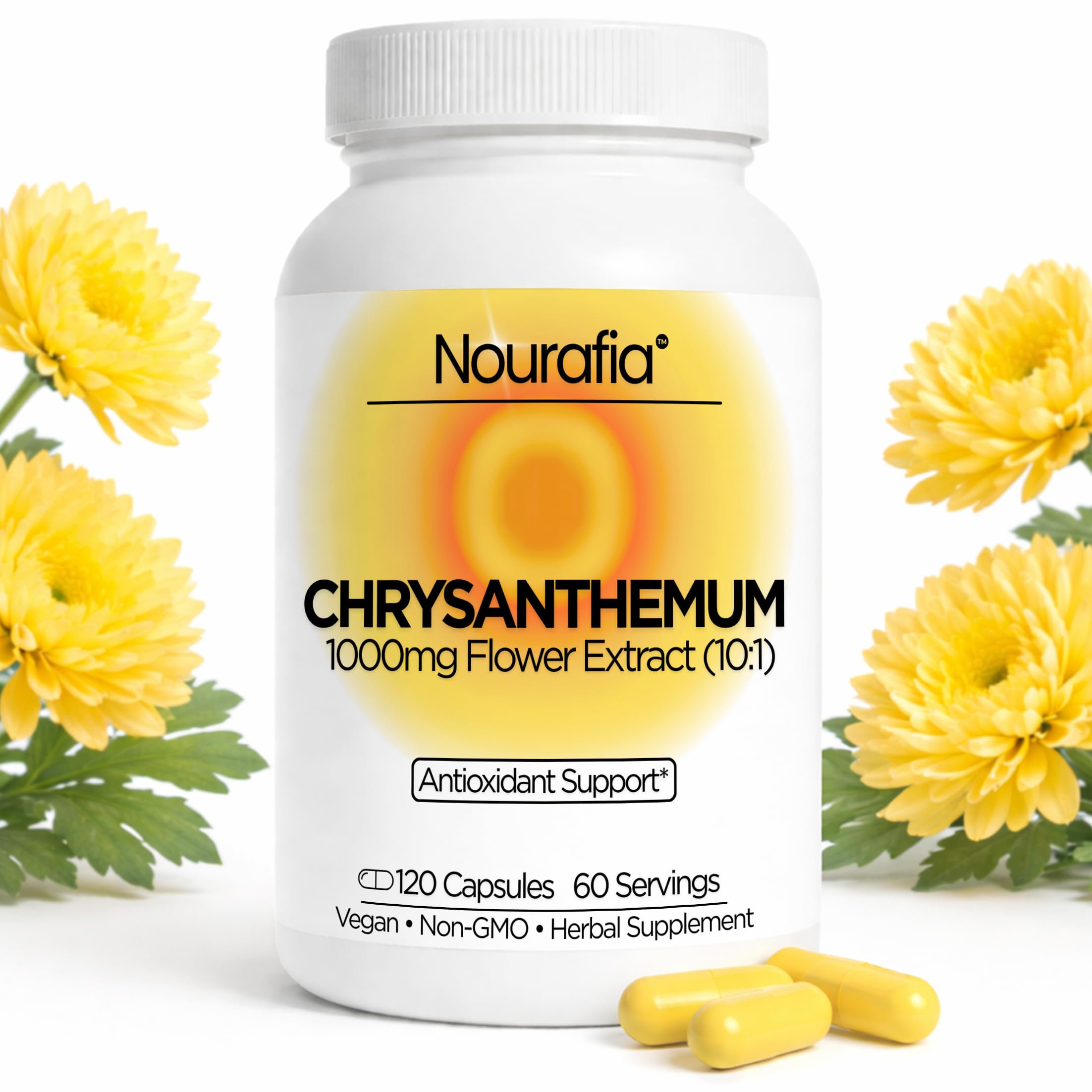 Nourafia Suplemento Fitoterápico de Extrato de Flor de Crisântemo 10:1, 1.000 mg por porção, 120 cápsulas