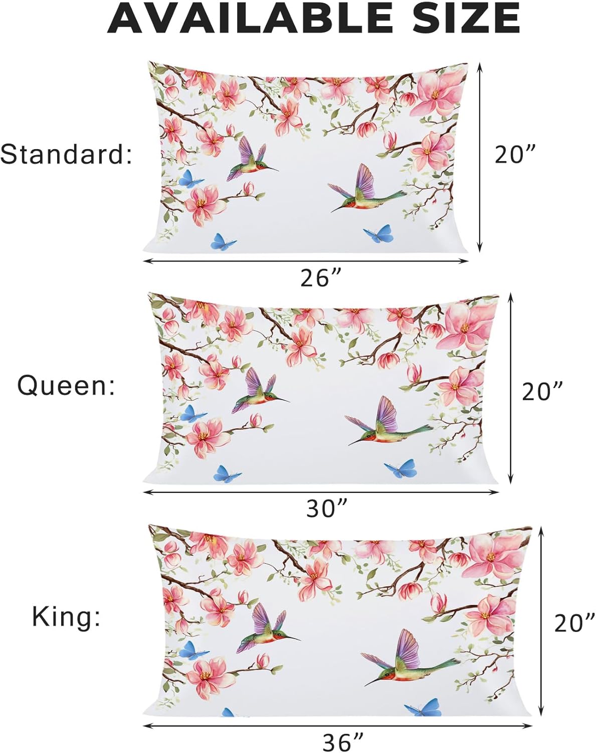 Hummingbird Pillow Cases King Size Set of 2 - Soft Breathable Microfiber Pillowcases with Envelope Closure, Floral and Bird Spring Patterned Pillow Covers, Hummingbird Gifts for Women