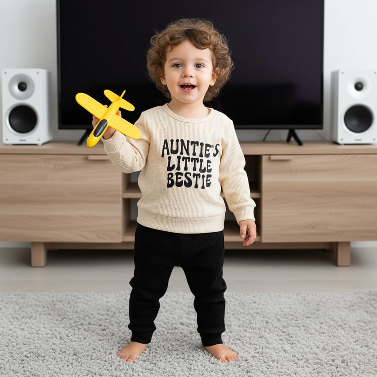 Aunties Bestie Baby Outfit Toddler Boy Long Sleeve Pullover Tops and Waffle Pants Set 2Pcs Infant Fall Winter Clothes - Image 3