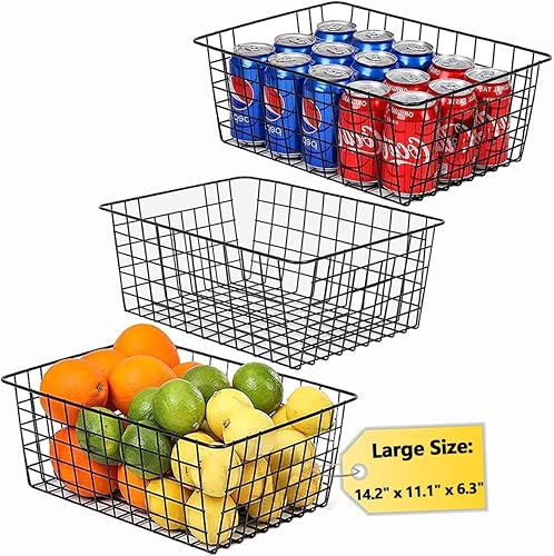 LOSYHU Paquete de 3 cestas grandes de alambre de metal, 14.2 x 11.1 x 6.3 pulgadas, cestas de despensa doméstica, cestas de almacenamiento de