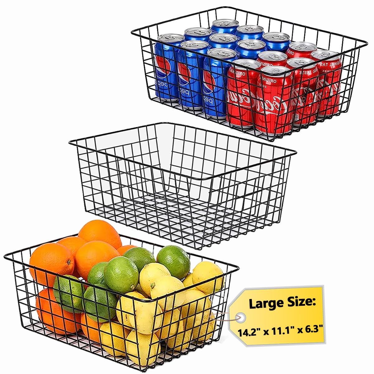 LOSYHU 3 Pack Large Wire Baskets for Organizing 14.2'' Metal Wire Baskets with Built-in Handles, Wire Storage Basket Black Metal Freezer Organizer