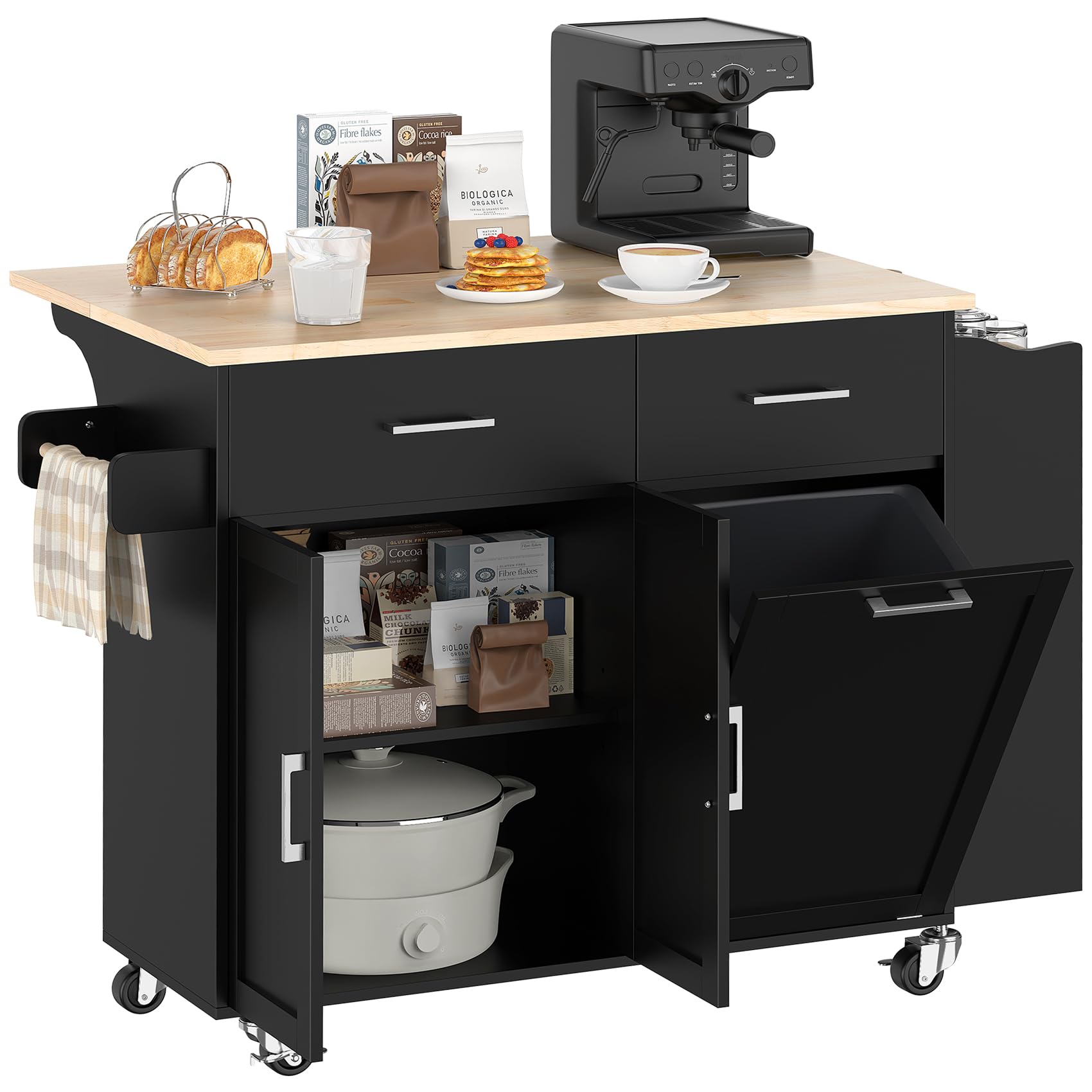 Lafnest Kitchen Island Cart with Trash Storage Cabinet, Rolling Kitchen Island with 2 Drawers, Island Table for Kitchen with Drop Leaf, Mobile Buffet