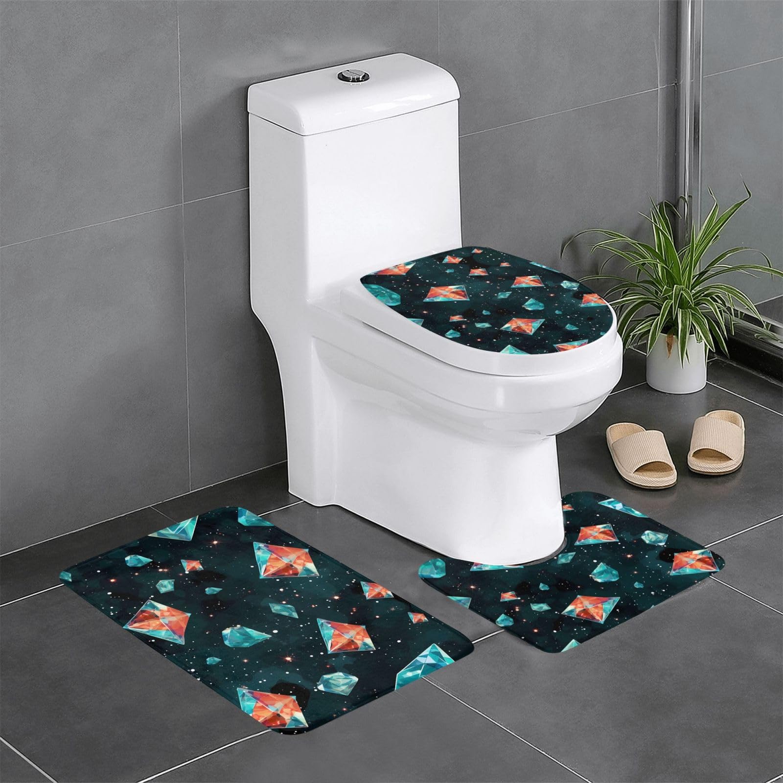 Tapis de salle de bain motif galaxie ovale et rectangulaire : ensemble de 3 tapis de WC