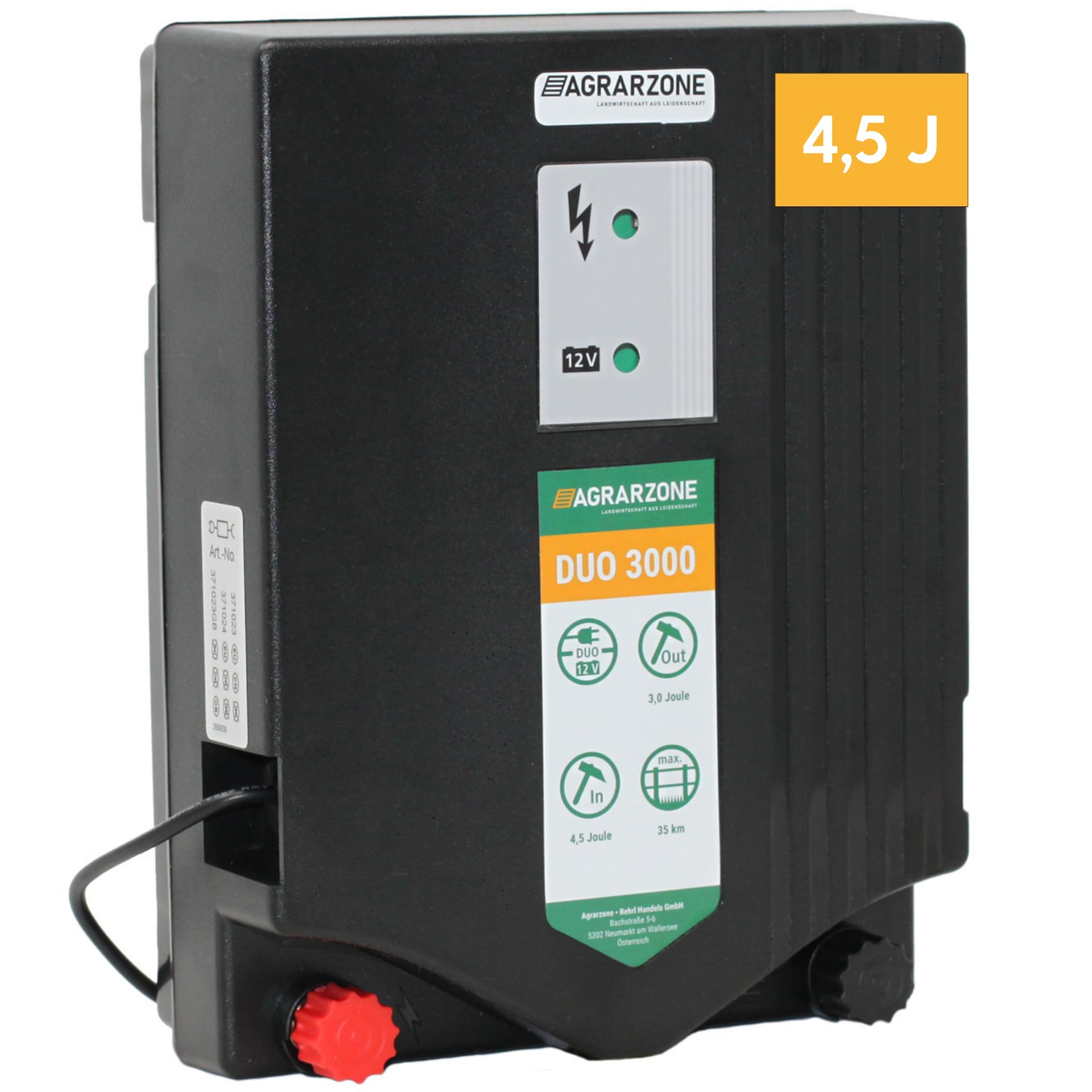 Agrarzone Duo 3000 Électrificateur de clôture 12V / 230V, 4,5 Joules - Fonctionnement sur Batterie ou Secteur - Électrificateur de clôture électrique - pour Chevaux, bovins et Ovins