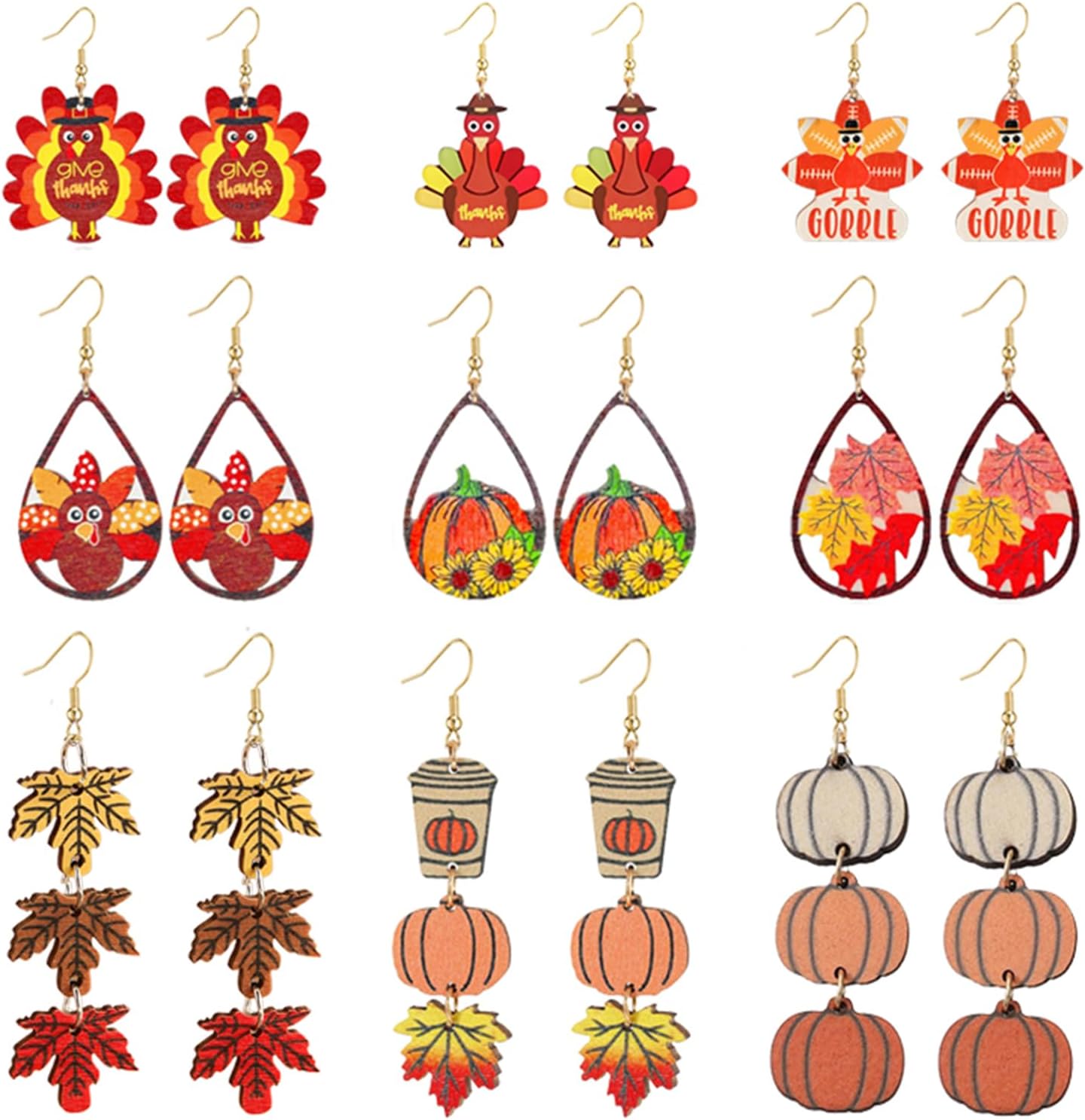 9 Pairs Thanksgiving Earrings Set for Women Wooden Teardrop Pumpkin Maple Leaf Turkey Corn Drop Dangle Earrings Lightweight Leaf Autumn Holiday Decorations Jewelry Gifts