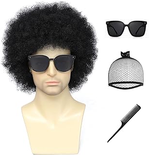 Adequate Black Afro Wig Men with Glasses,Disco Wigs,70s Outfits for Men,70s Mens Wig,Halloween Funny Wigs(Black)