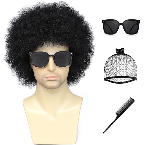 Adequate Men & Women Black Afro Curly Wig Costume Set, 70s 80s Disco Rocker Party Kit with Sunglasses & Wig Cap, Heat Resistant Cosplay Wig for Halloween