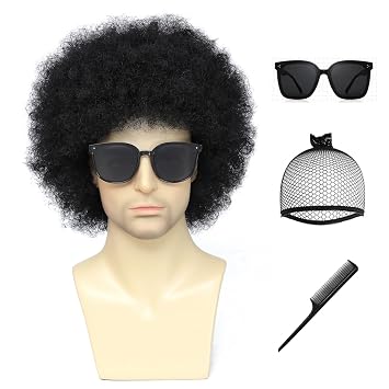 Adequate Men & Women Black Afro Curly Wig Costume Set, 70s 80s Disco Rocker Party Kit with Sunglasses & Wig Cap, Heat Resistant Cosplay Wig for Halloween