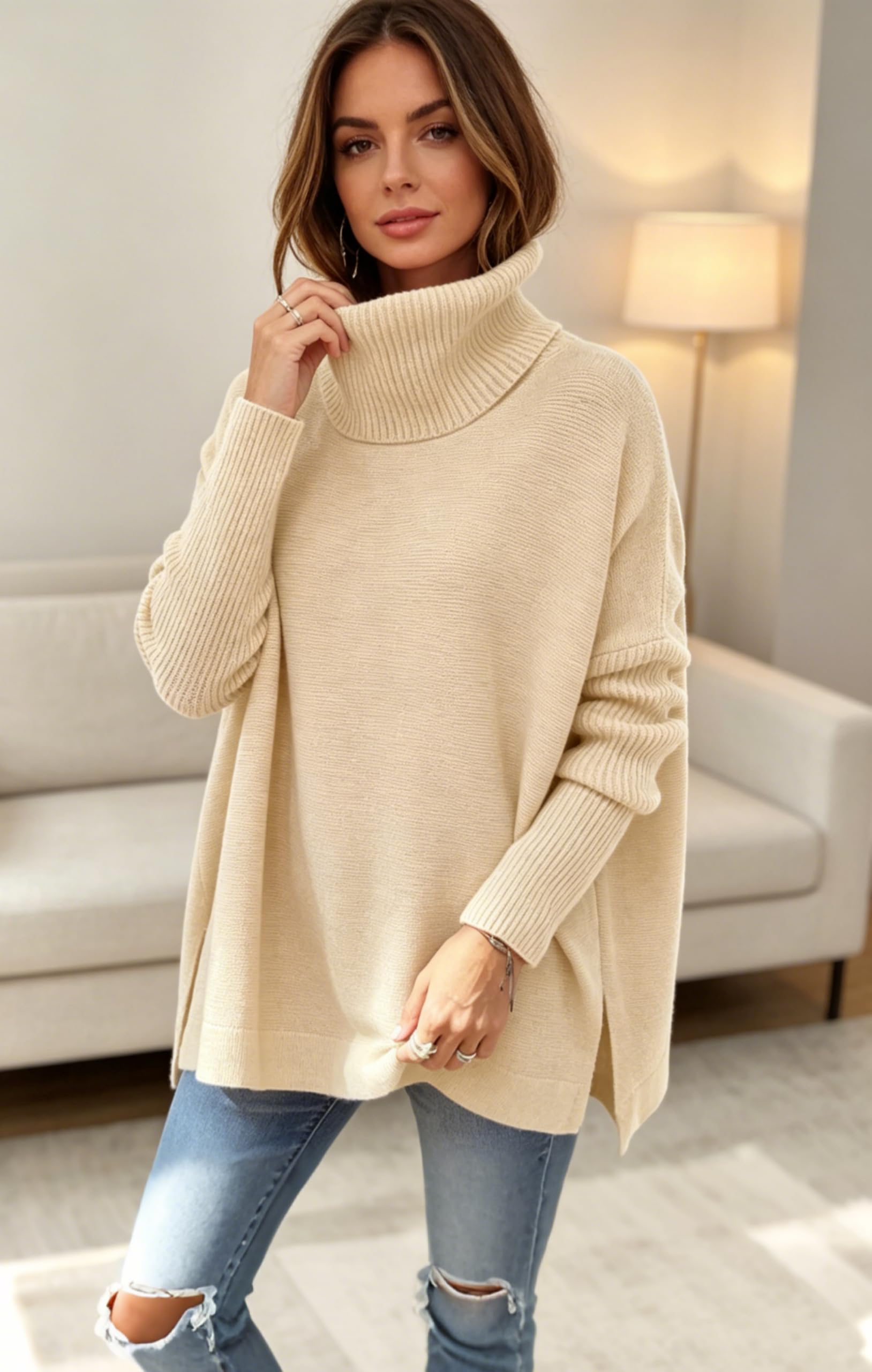 Jhsnjnr Damski sweter z dzianiny, ciepły, elegancki sweter, długi golf
