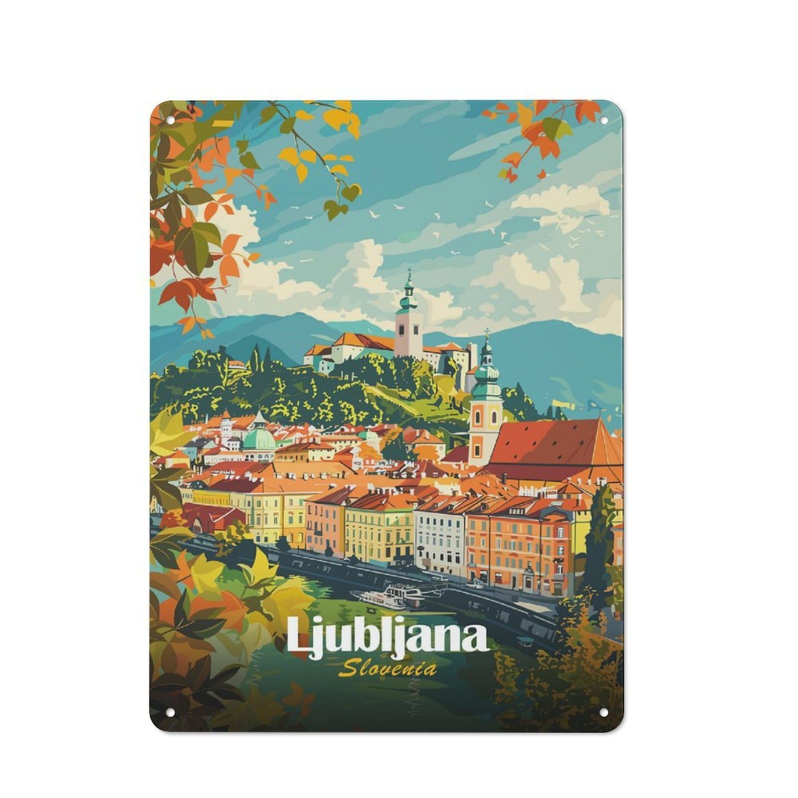Junmoney Style-20 Metal Wall Sign 40X30cm Featuring Ljubljana, Slovenia Cityscape For Pub Or Café, Housewarming Wall Decor For People Furnishing Pub And Café