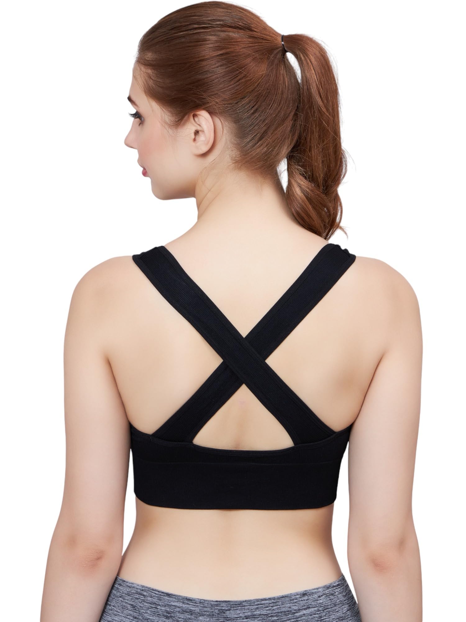 PLUMBURY Women's Padded Cross Back Medium Support Sports Bra, Size M, Black - Polyamide-picture-46