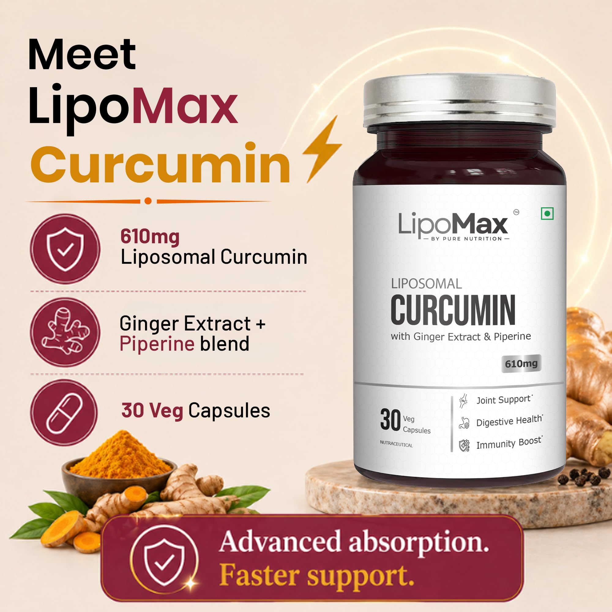 LipoMax Liposomal Curcumin Supplement 610mg | Turmeric Curcumin Capsules With Ginger Extract & Piperine For Joint Health, Antioxidant & Immunity Support - 30 Veg Capsules — Amazon image 3