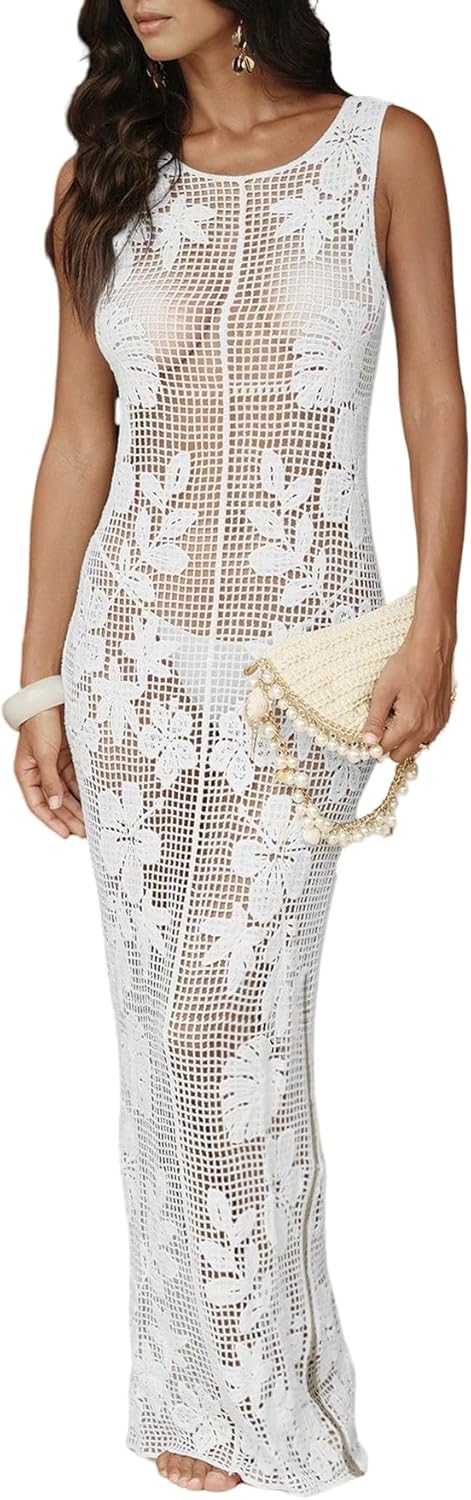 WDIRARA Women's Floral Crochet Sheer Cover Up Maxi Beach Dress Hollow Out Sleeveless Coverups