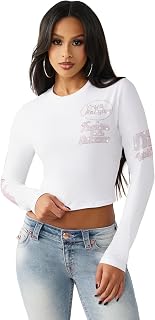 Women’s Crystal Contrast Stitch Long Sleeve Baby Tee – Rhinestone Logo, Slim Fit, Crew Neck Cotton Blend Top