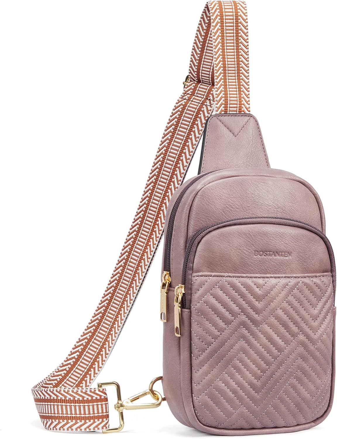 BOSTANTEN Sling Bag Quilted Crossbody Bags for Women Cross Body Purse Leather Fanny Pack with Adjustable Guitar Strap