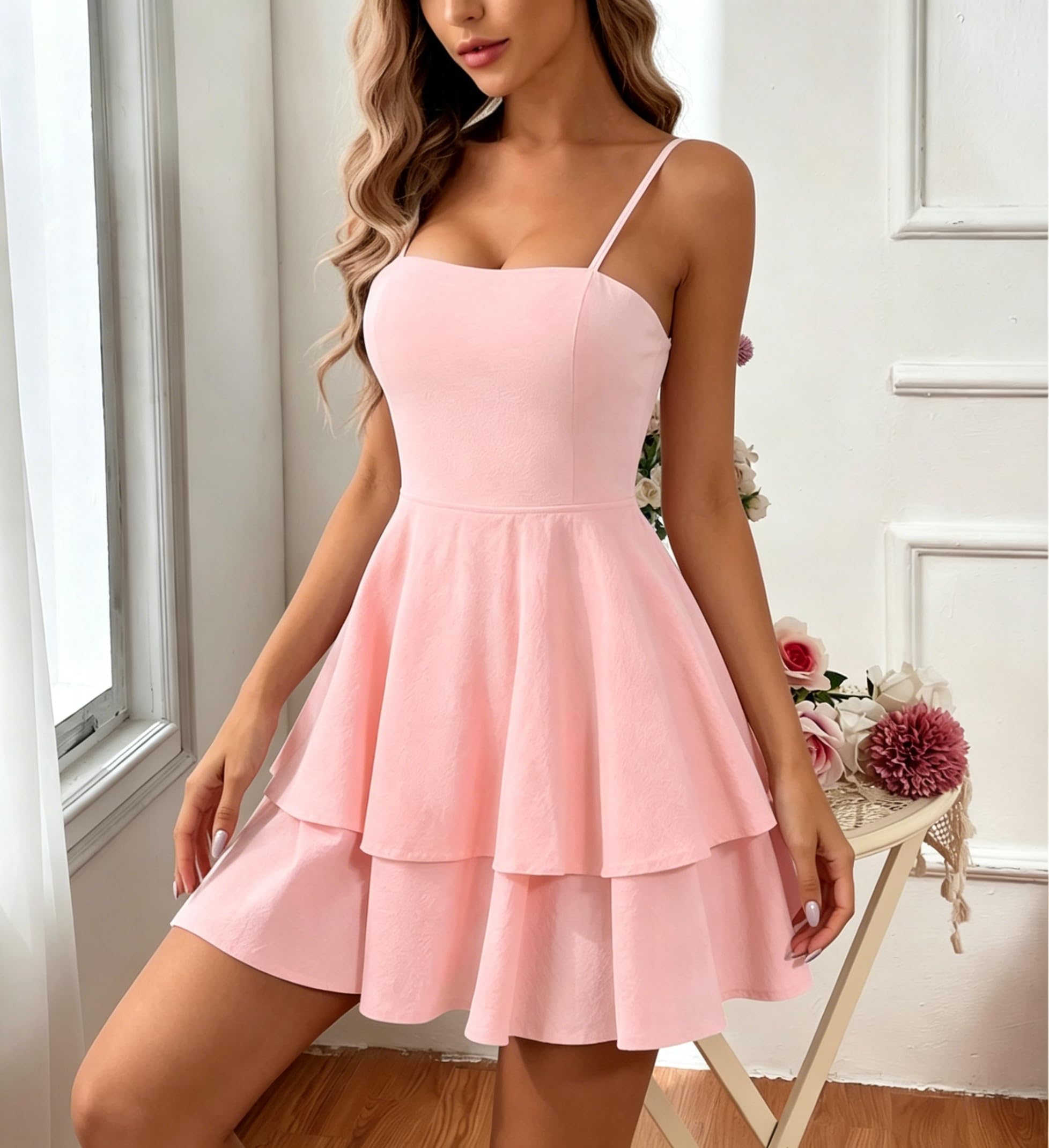 Generico Abito da Donna Senza Schienale con Fiocco Balze A Strati Spalline Sottili Regolabili Scollo Quadrato Vita Alta Mini Abito A Trapezio Abito Estivo Leggero per Cocktail Compleanno e Spiaggia