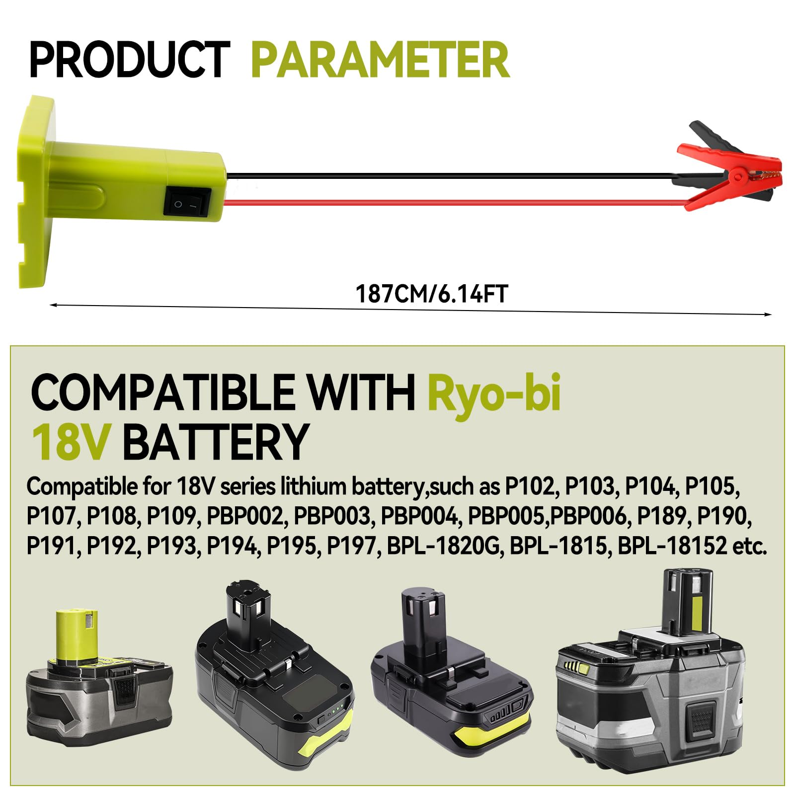 Adaptateur de démarrage pour voitures, compatible avec batterie Ryobi 18 V, 12 AWG, 1,8 m, démarreur portable, câble de démarrage pour voitures, alimentation pour démarrer les véhicules légers (Vert