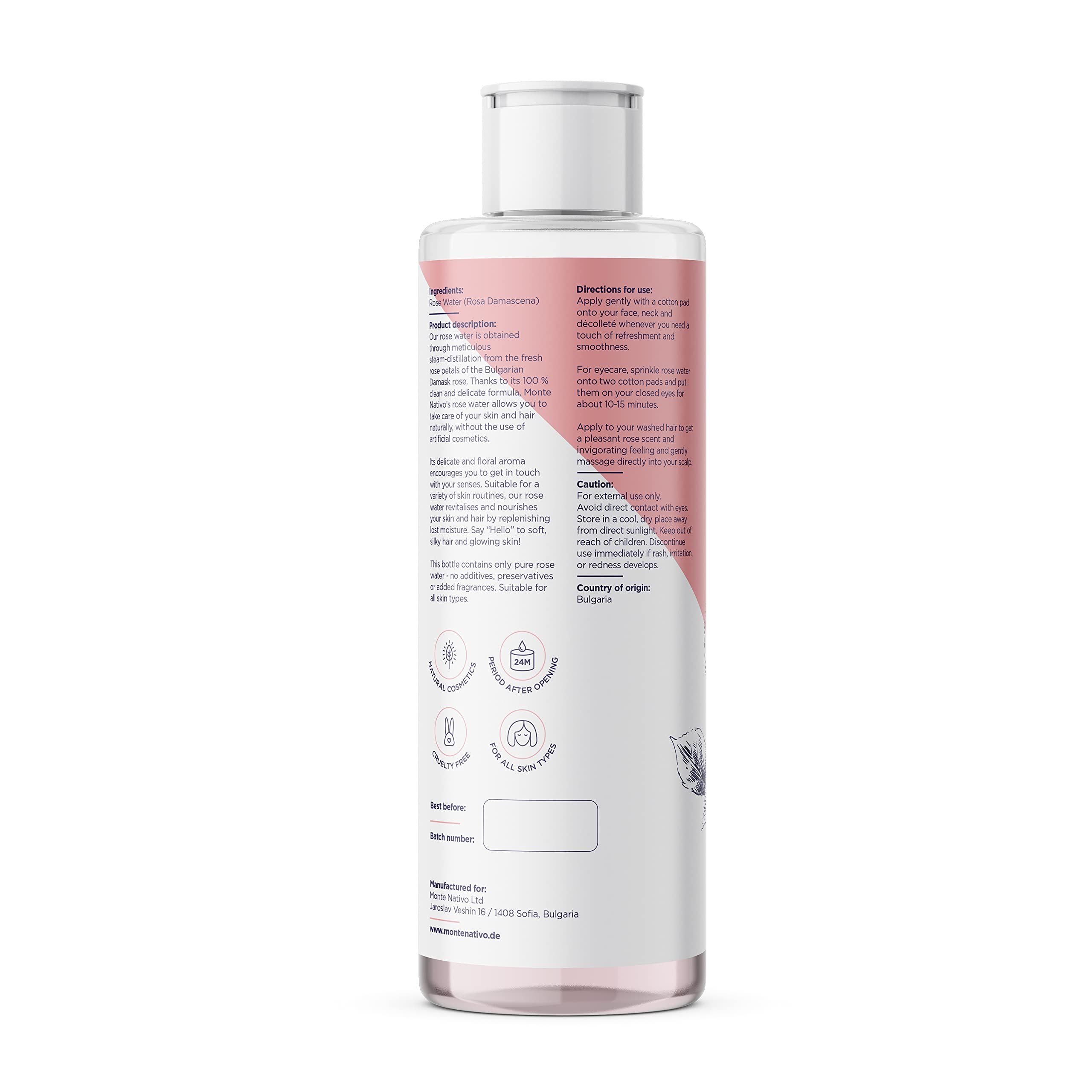 Monte Nativo czysta woda różana, 100% naturalna, do twarzy, z hydrolatem, podwójna destylacja parą wodną, 2 x 200 ml