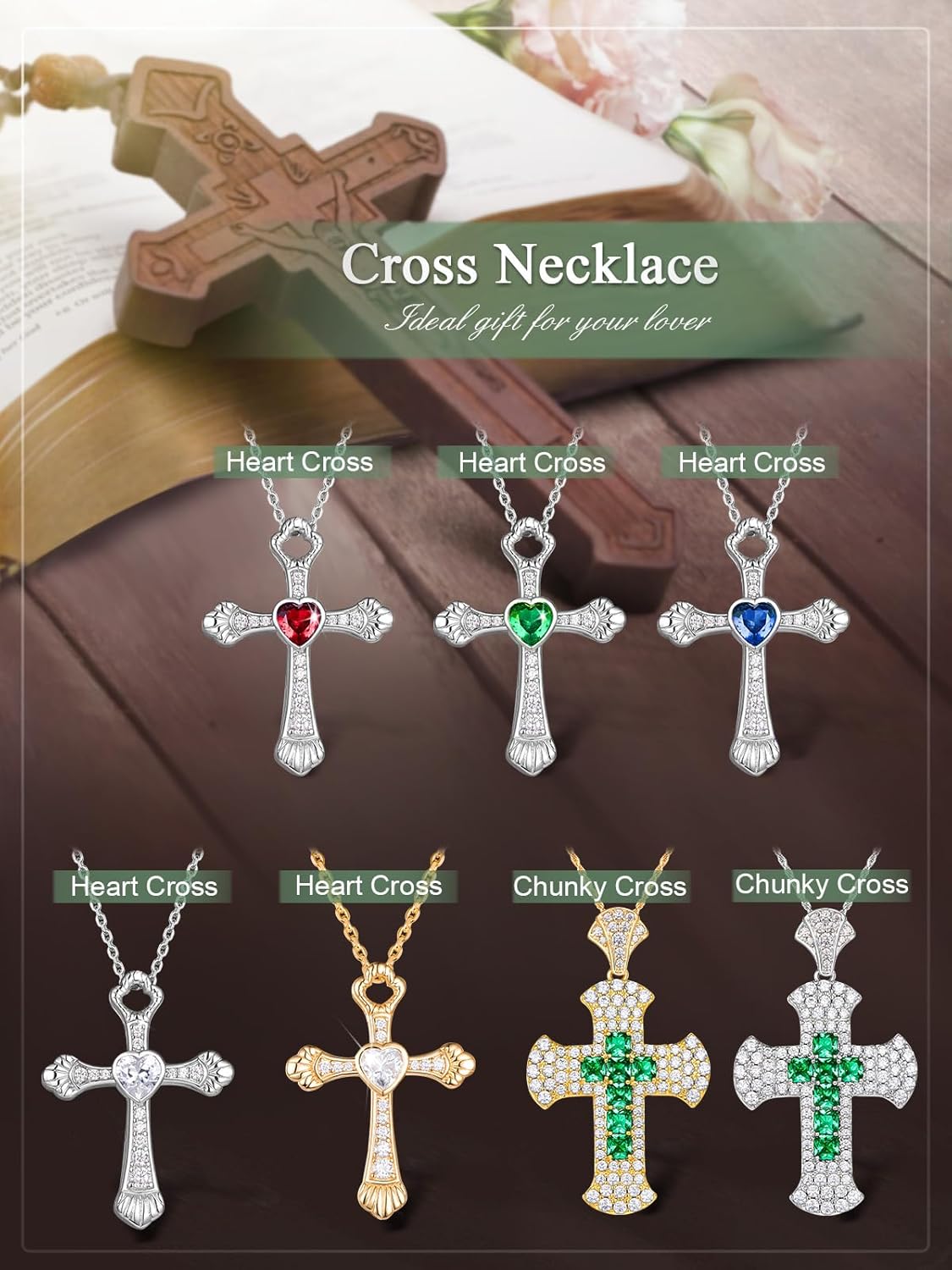 FWM Moissanite and Created Genuine Sapphire/Ruby/Emerald Cross Necklace for Women Men, Solid 925 Sterling Silver, 16”/18”/20” Adjustable, Christian Anniversary Birthday Jewelry - Image 7