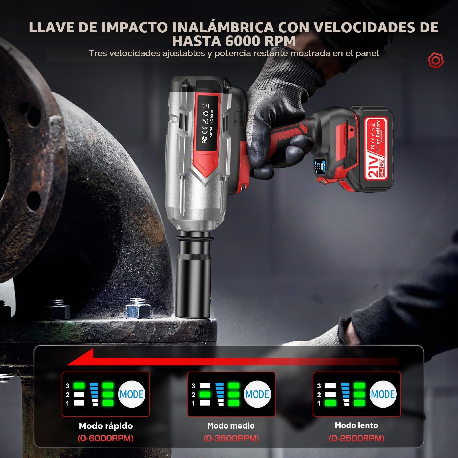Llave De Impacto Inalámbrica De 1200 Nm, Equipada Con 2 Baterías De 4000 Mah, 5 Llaves De Vaso, 1 Adaptador De 1/2 Pulgada a 3/4 Pulgada, Ideal Para Uso En Automóviles, Camiones y El Hogar.
