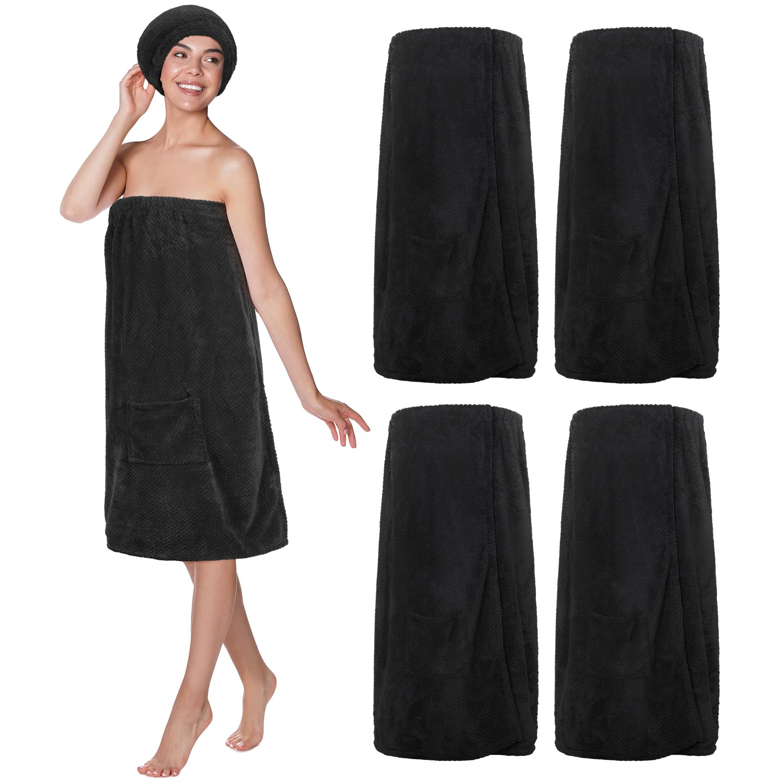 Kinlop 4 Set M Towel Wrap for Women Waffle Spa Robe with Adjustable Closure Elastic Top and Cap for Bath Shower(Black)