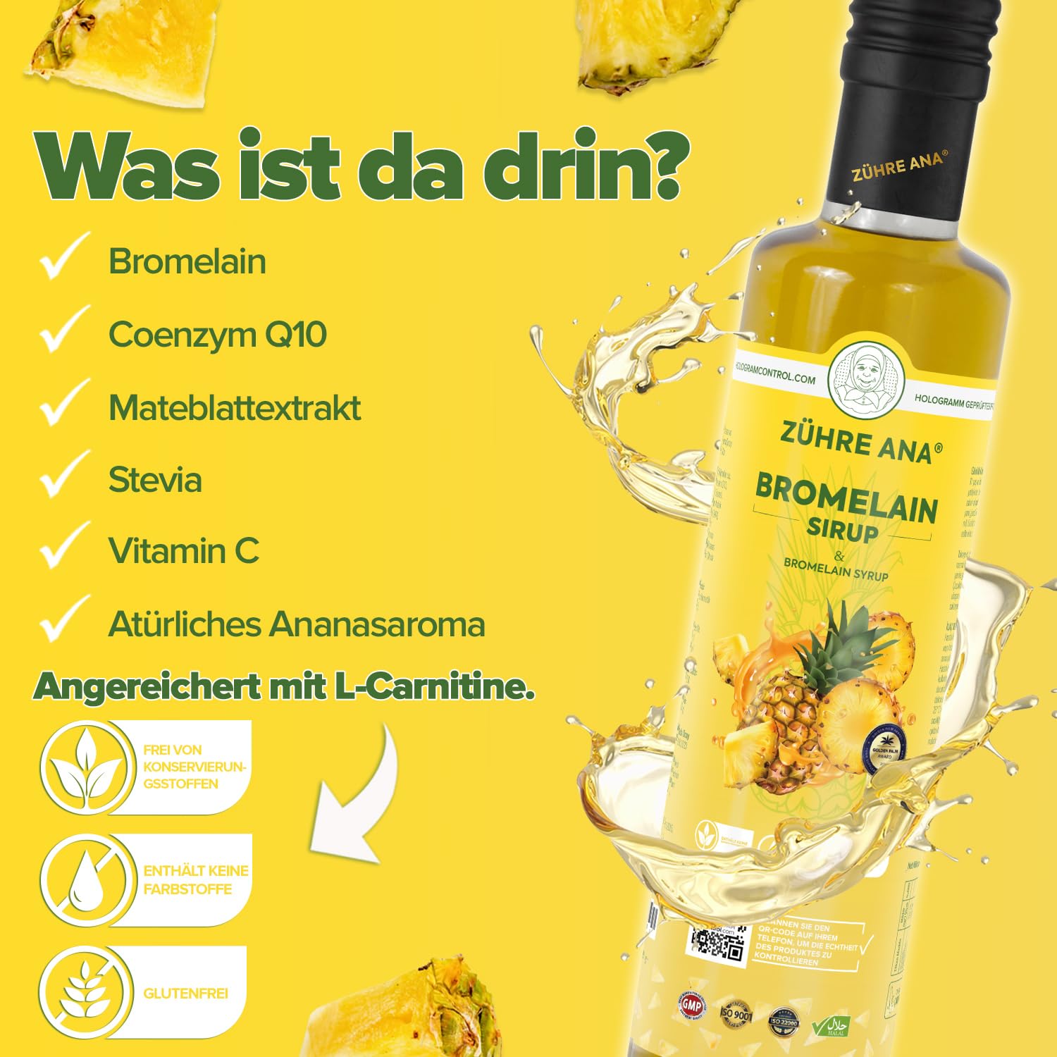 Zühre Ana® Sciroppo di bromelina - Coenzima Q10 - Estratto di ananas naturale - Sistema immunitario* Supporta il metabolismo accelerare il dimagrimento - per il drenaggio in edema - Vegano (2X250 ml)