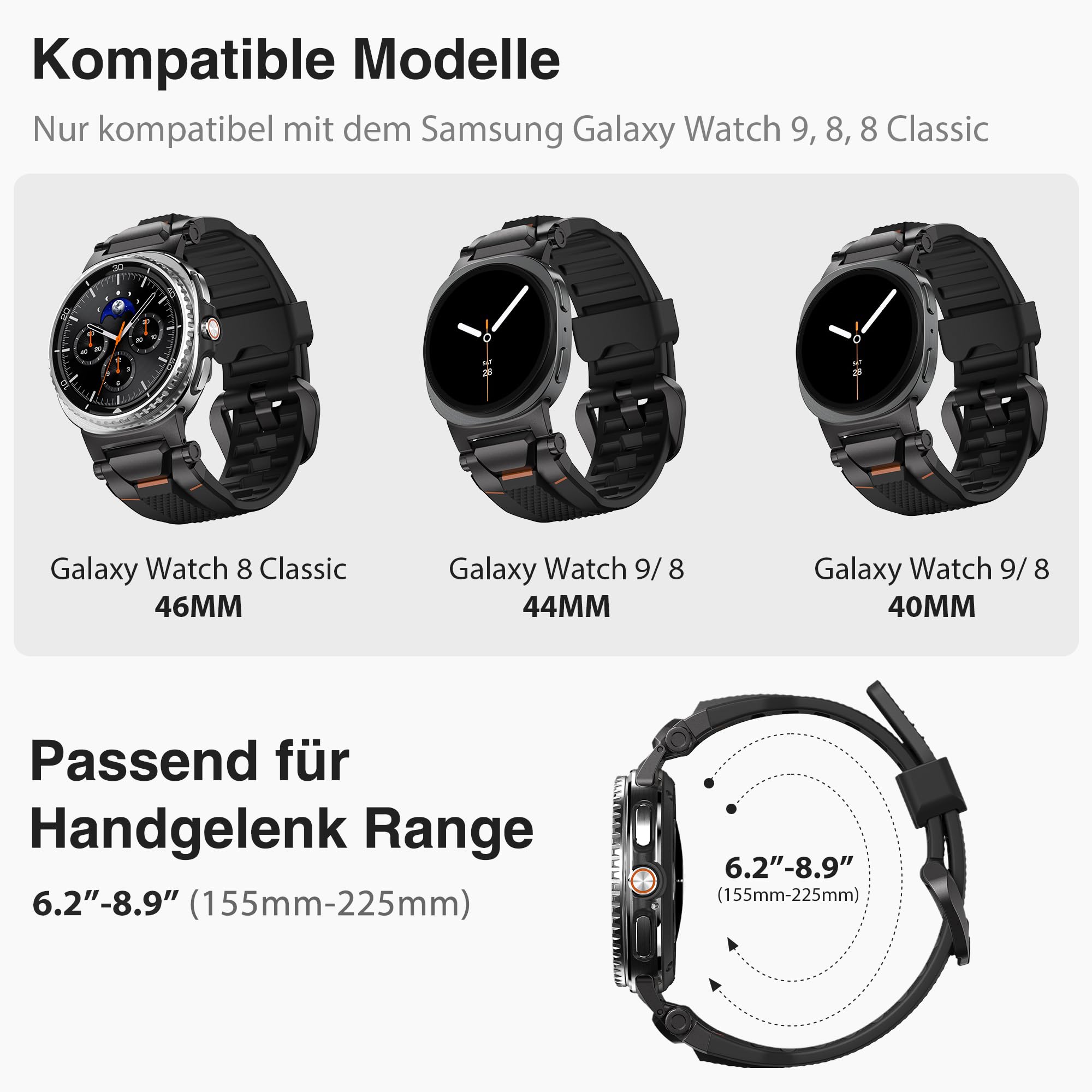 ULTIMAL Armband Kompatibel mit Samsung Galaxy Watch 9/8 40mm/44mm, 8 Classic 46mm, Robustes Premium TPU & Metall Sportarmband für Herren