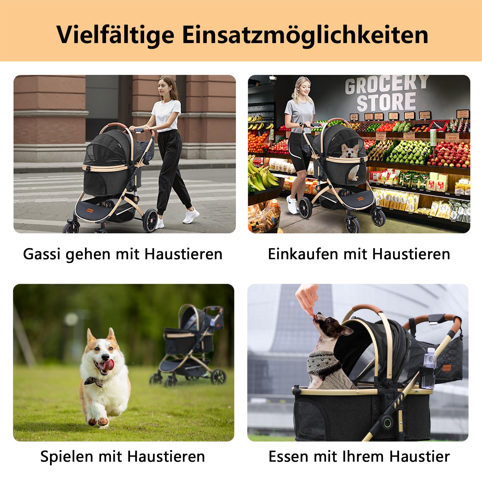Hundewagen mit 4 Rädern, hundebuggy große Hunde & Katzen Hundebuggy bis 30kg, Hunde katzenwagen für 2 Katzen 360° Verschleißfeste Gummiräder Netzfenstern 3-in-1 multifunktio