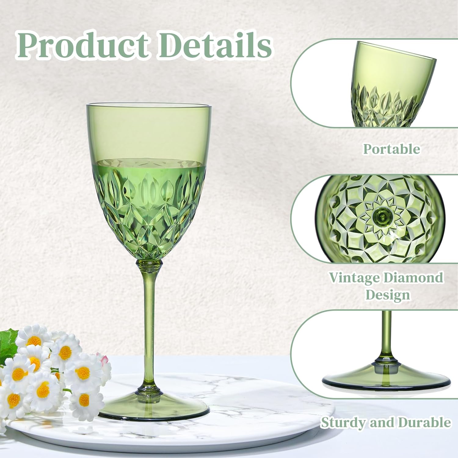 24 pcs Plastic Green Wine Glasses Set 7.4oz Detachable Small Wine Goblet Champagne Flutes Unbreakable Vintage Diamond Stemware Mimosa Drinking Glassware for Wedding Christmas Event Party - Image 3