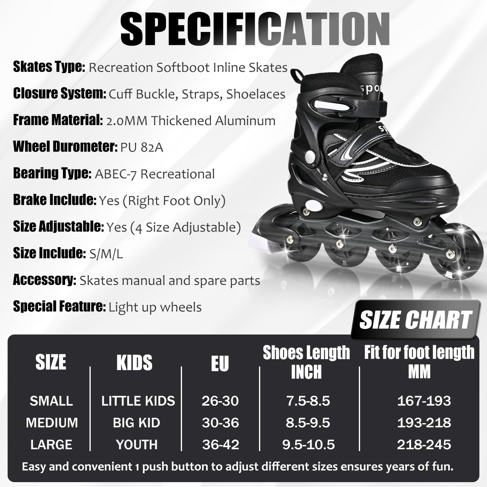 Réglables Patins à roulettes en Ligne pour garçons et Filles, Noir Blanc Patins à roulettes à 4 Roues pour Adolescents et Adultes avec Roues Lumineuses pour Les Sport