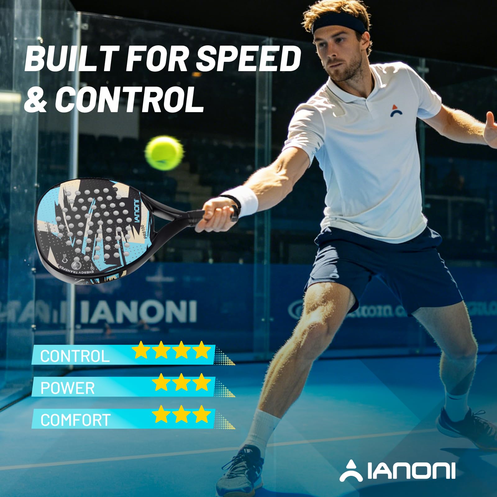 ianoni Racchetta da padel con superficie in fibra di carbonio con nucleo in schiuma EVA Memory Flex Core POP Padel Racquts-8100-azzurro cielo