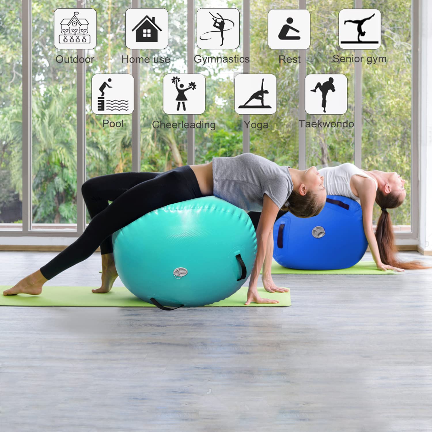 Rullo gonfiabile, per ginnastica, allenamento, cilindro, per yoga, con pompa, verde, 100 x 60 cm