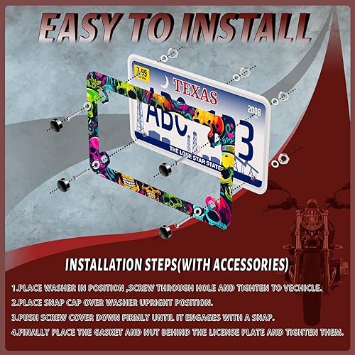 Miniatura 4 de Marco de placa de matrícula de motocicleta de acero inoxidable con calavera colorida, marco de placa de calaveras geniales, divertido accesorio de